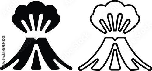 Volcano eruption flat, line icon set. Depicting eruption with smoke cloud, ash for education resources. Natural disaster symbol of mountain, lava, explosion, earth science, environment hazard vectors.