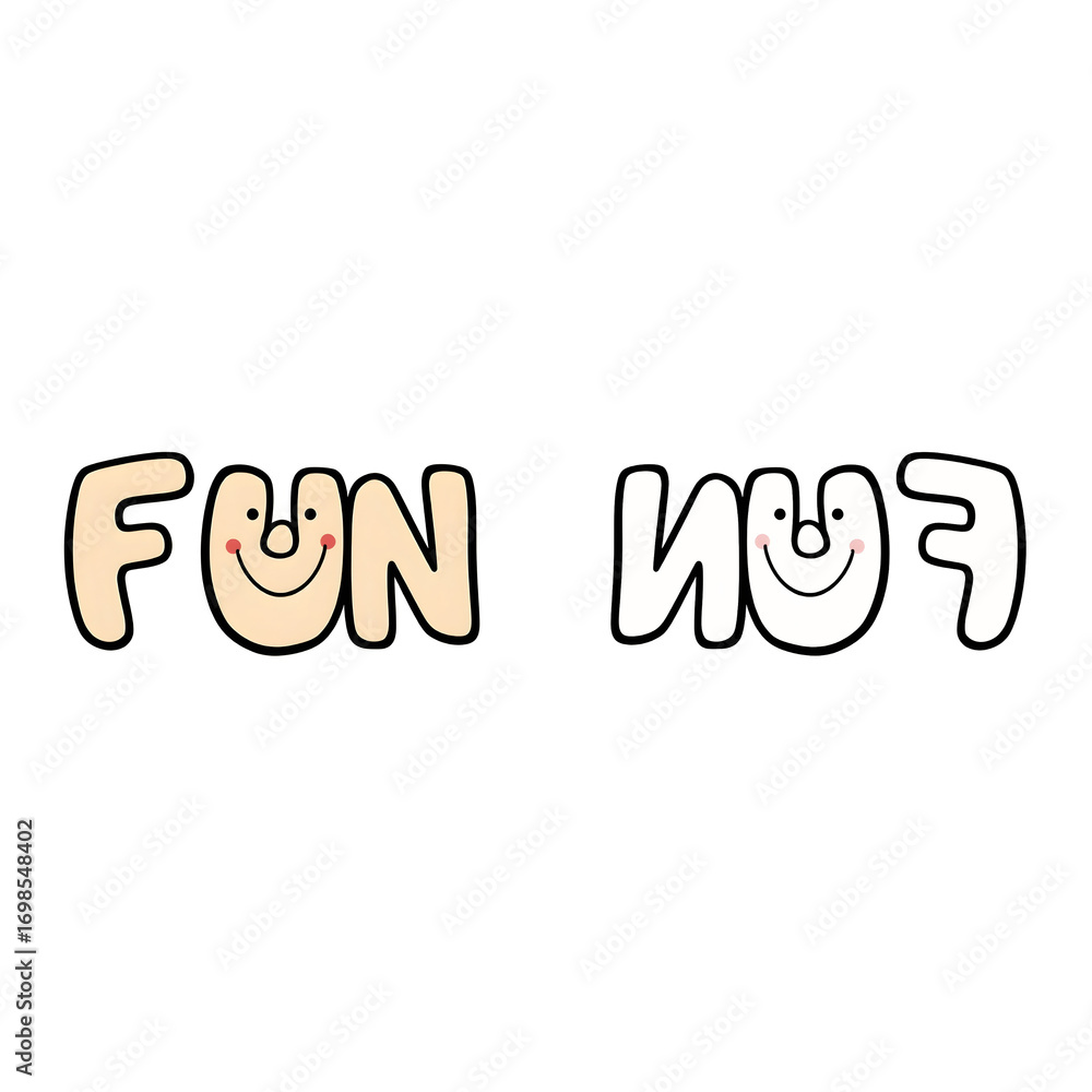 Fototapeta premium A cheerful cartoon graphic concept featuring the word fun with a smiling face, shown with its mirror reflection as a design element