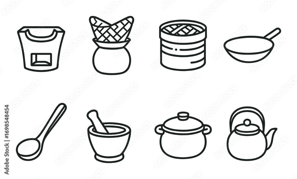 Fototapeta premium Traditional asian kitchen utensils icons: spoon, pot, steamer, kettle, wok, mortar