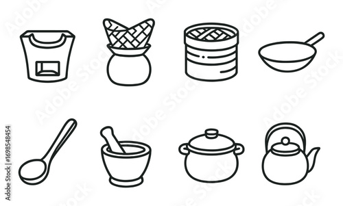 Traditional asian kitchen utensils icons: spoon, pot, steamer, kettle, wok, mortar