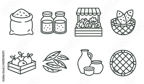 Various farm products: grains, jars, fruits, vegetables, and baked goods