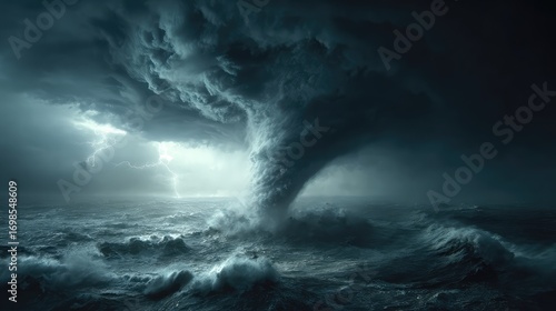 Vast waterspout dominates a tumultuous, dark ocean as fierce lightning electrifies the menacing storm clouds above.