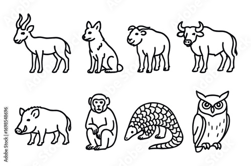 Set of outlined animal icons: antelope, dog, sheep, cow, boar, monkey, pangolin, owl