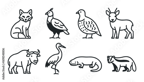 Silhouette animal collection featuring fox peacock deer bull heron salamander skunk