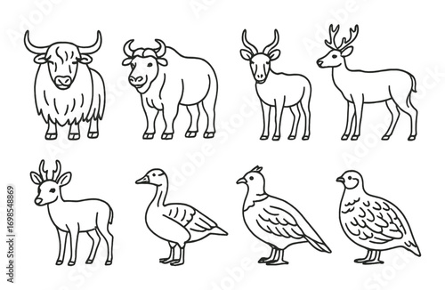Collection of outlined animals including deer, bovines, birds, and other wildlife