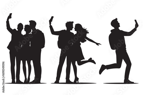 Silhouettes of people taking selfies and running group