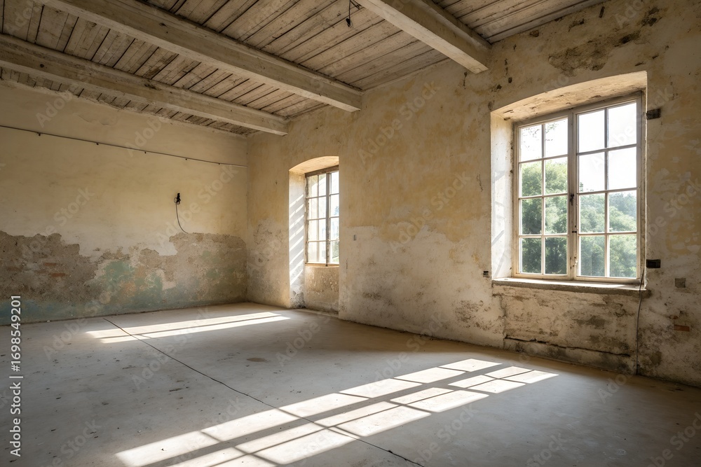 Fototapeta premium Renovated Empty Room: A spacious interior showcases natural sunlight illuminating the rough plaster walls and weathered wooden beams, evoking a sense of potential and renewal. 