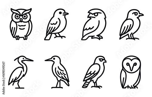 Minimalist bird icons on black background: owl, sparrow, heron, finch, crow, pigeon, nightingale, parrot