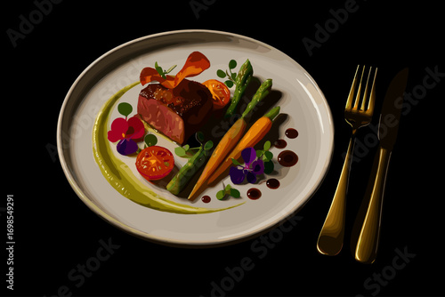 Gourmet Fine Dining Plate with Vegetables and Meat – Culinary Art Presentation