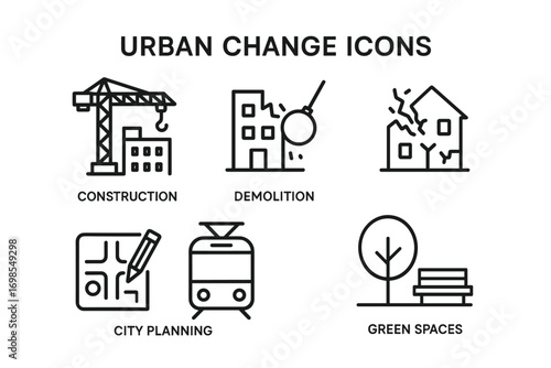 Urban Development and Change Icons – Construction, Demolition, City Planning, Green Spaces