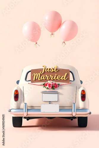 Classic Wedding Car with “Just Married” Banner and Balloons — Romantic Newlywed Celebration Getaway Scene