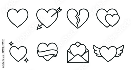 Minimalist heart icons set featuring arrows, broken hearts, envelopes, and wings