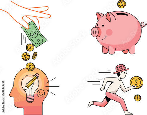 Money Investment, Savings, and Financial Growth Cartoon Icon Set