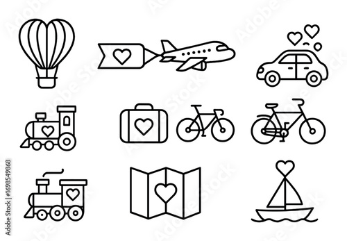 Heart-themed travel icons: airplane, hot air balloon, car, train, bike, boat
