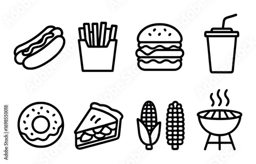 Icon set of fast food items including hotdog, fries, burger, drink, donut, pie, corn, and grill