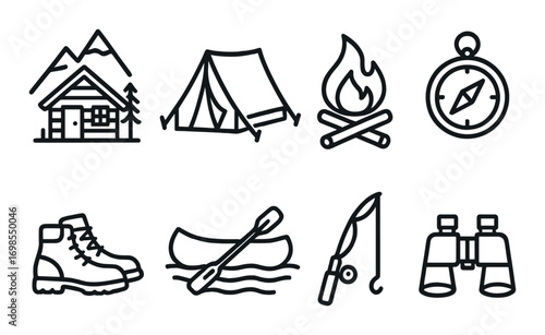 Camping icons: cabin, tent, fire, compass, boots, canoe, fishing, binoculars