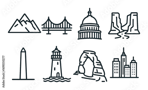 Iconic american landmarks: mountains, bridges, monuments, skylines