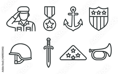 Military symbols: soldier helmet medal anchor shield sword bugle icons
