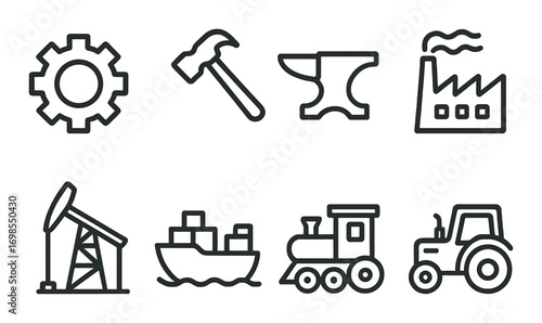 Industrial icons: tools, machinery, and transportation symbols on a metallic background