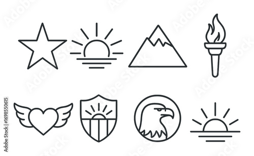 Set of minimalist icon designs featuring nature and symbolic elements