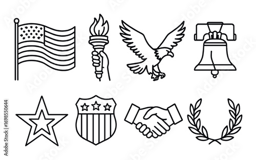 Symbols of american heritage: flag, eagle, liberty bell, torch, and more