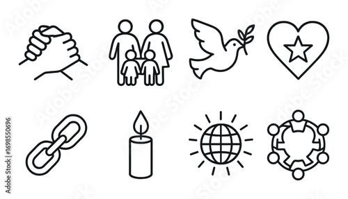Symbolic icons of unity, peace, family, love, connection, hope, global, community