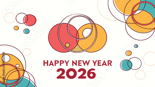 Flat Design ‘Happy New Year 2026’ with Abstract Colorful Circles, Clean Simple Vector Illustration