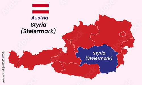 Map of Austria, Map of Austria states Vector Illustration, Burgenland, Carinthia, Lower Austria, Upper Austria, Salzburg, Styria, Tyrol (Tirol), Vorarlberg, Vienna.
