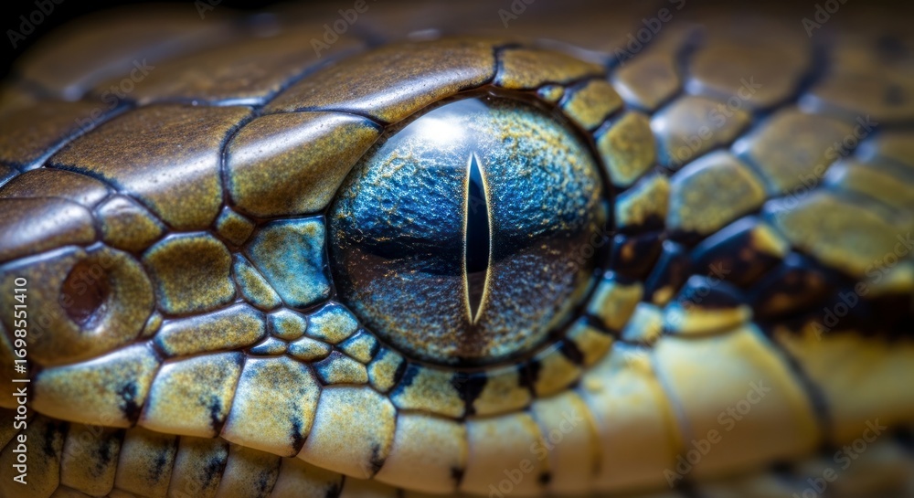 Fototapeta premium Close-up of a snake's eye and intricate scales, showcasing detailed textures and vibrant colors.