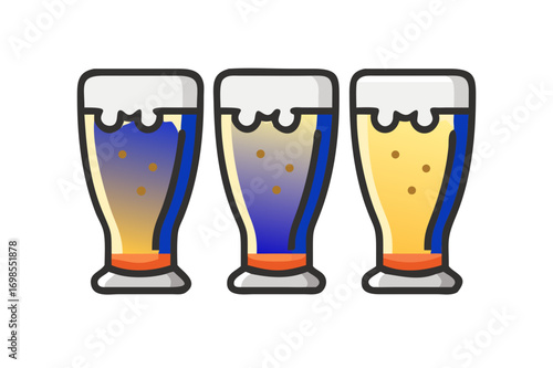 Draught beer in glasses .Monochrome illustration of a tall glass filled with dark beer and foamy head. Vector retro hand drawn illustration
