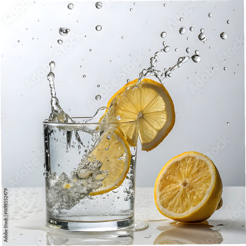 slice of lemon splashing into water