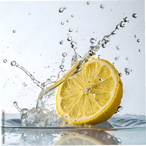 slice of lemon splashing into water