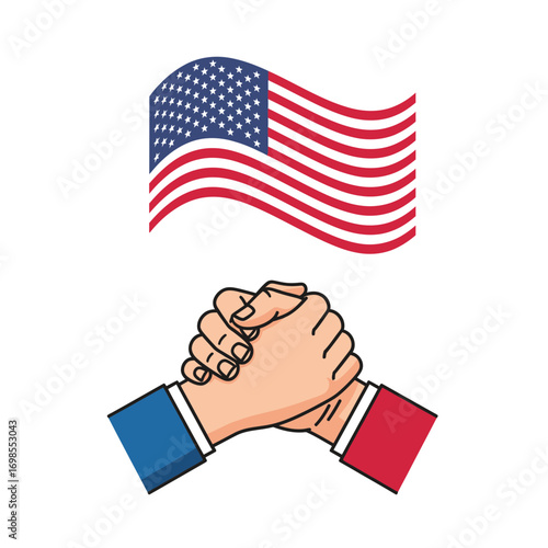 Political bipartisanship agreement handshake under waving American flag symbolizing unity and collaboration