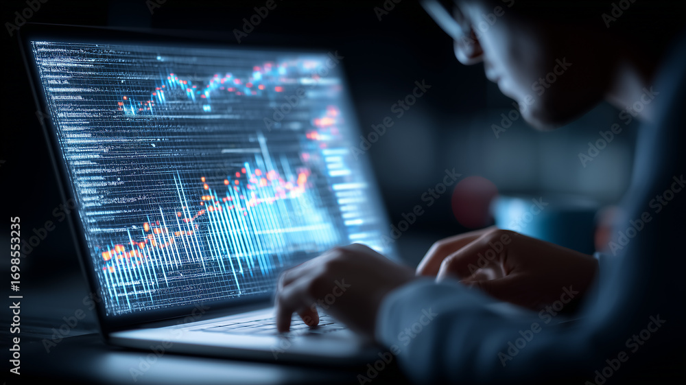 Fototapeta premium Analyst working on a laptop with financial charts, conveying market research risk analysis and data driven trading decisions. 