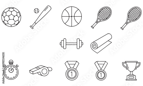 Outline Icon Set of Sports, Fitness Equipment, and Achievement Awards