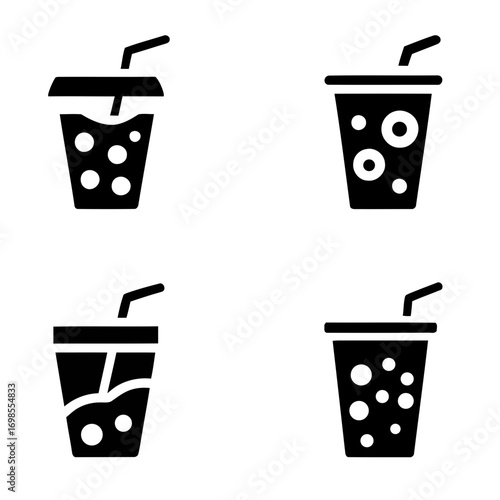 black silhouette icons of drinks with straws. drinks icon set