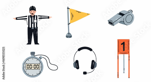 Isolated Football Referee Gear Illustration Featuring Flag, Whistle, Timer, and Headset, Ideal for Sports Education, Game Design, or Coaching Material.