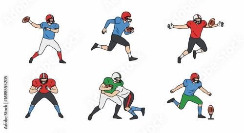 Dynamic American Football Player Illustrations Depicting Various Game Actions for Sports Education and Training Materials