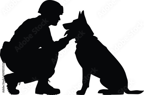 Soldier with dog silhouette, military working dog, loyalty, man and animal bond, canine handler, army pet, hero companionship, vector illustration