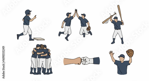 Baseball Team Celebrating Victory and Teamwork Depicted in a Set of Vector Illustrations for Sports Content and Graphic Design Projects