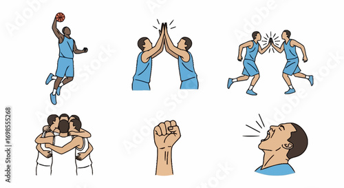 Basketball Team Dynamics and Triumph Depicted in Vector Illustrations for Sports Marketing and Team Building Resources