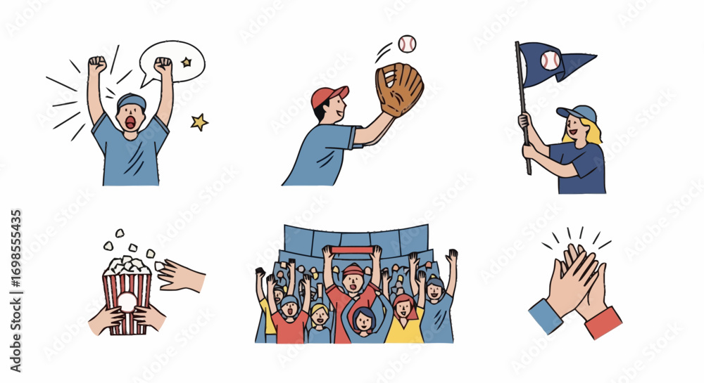 Obraz premium Cheering Baseball Fans Illustration Set for Sports Event Promotion and Fan Engagement Activities, Suitable for Animated Videos and Informational Graphics