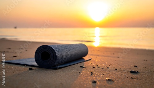 Rolled yoga mat on beach at sunrise
