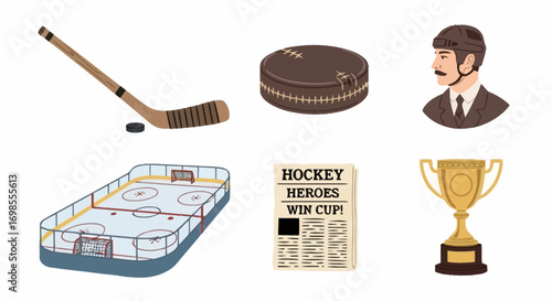 Vintage Hockey Equipment and Arena Illustration Set for Retro Sports Design and Historical Memorabilia Projects on Adobe Stock