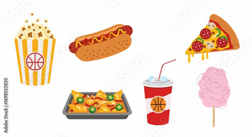 Basketball Game Snack Collection Illustration, Featuring Pizza, Hotdog, Nachos, Drink and Popcorn, Perfect for Sports Event Promotion and Concession Stand Design