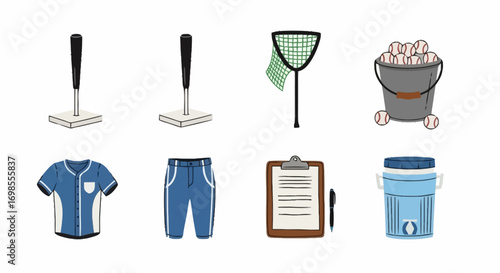 Baseball Training Equipment Illustration for Coaching Resources, Educational Materials, and Sports-Themed Designs. Ideal for instructional guides and athletic programs.
