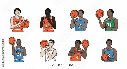 Diverse basketball players in action poses, vector illustrations for sports graphics, team branding, educational content, and athletic-themed marketing campaigns.