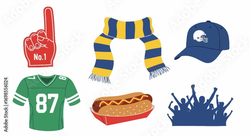 Assortment of American Football Fan Gear and Tailgating Essentials Depicted in a Flat Vector Style for Game Day Celebrations and Sports Related Designs