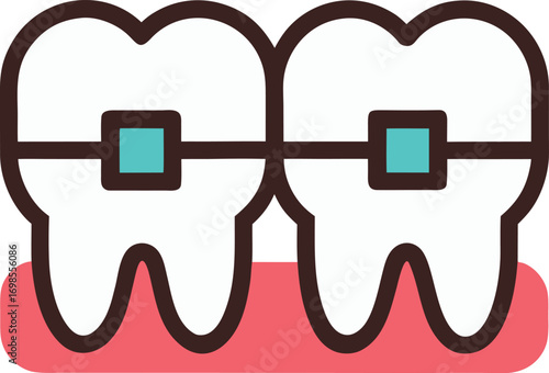 Icon of two teeth with metal braces on a pink gum base, representing orthodontic treatment.
