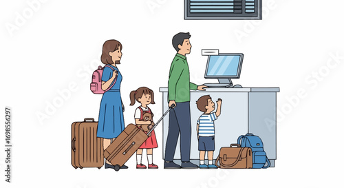 Family Vacation Travel Scene Depicting Check-In at Airport Counter, Ideal for Illustrating Travel Planning, Family Holidays, or Airline Service Promotions.